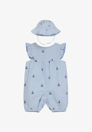 Ribakreested sinine ja valge romper ankrumustritega, volangvarrukatega ja sobiva mütsiga. Kangas on kerge ja hingav.