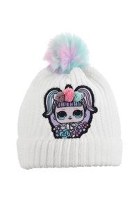 Weiße gestrickte Mütze mit einem pastellrosa, blauen und lila Pompon sowie einem Cartoon-Mädchen-Patch mit buntem Haar und Pompon-Blumen.