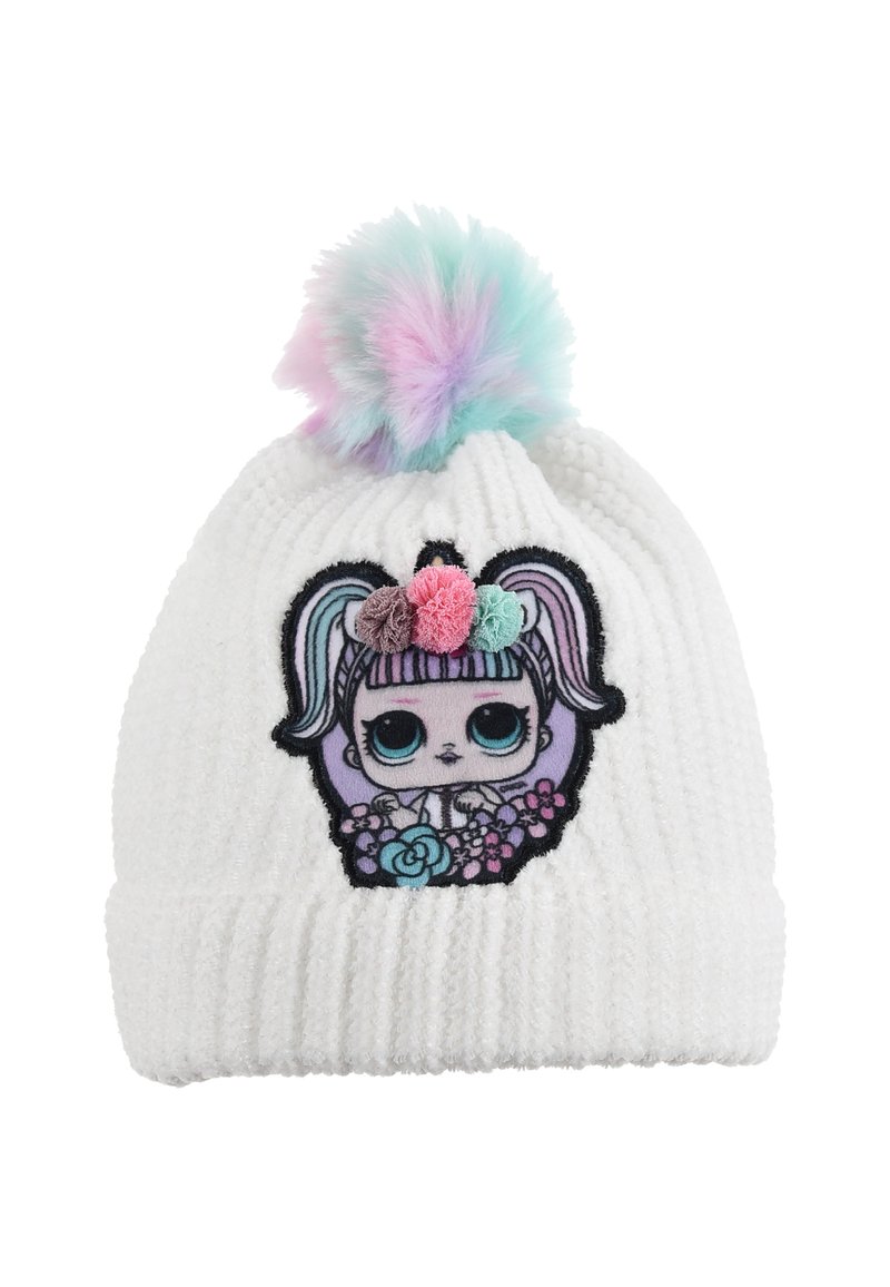 Weiße gestrickte Mütze mit einem pastellrosa, blauen und lila Pompon sowie einem Cartoon-Mädchen-Patch mit buntem Haar und Pompon-Blumen.