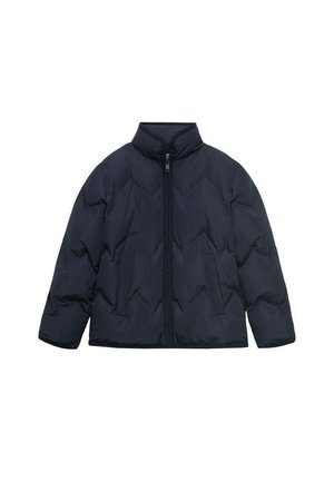 Veste matelassée navy avec un col montant, une fermeture éclair à l'avant et deux poches latérales. Présente un motif en losanges et des manches à coupe décontractée.