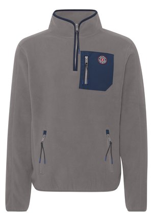 Grå fleece sweatshirt med en marineblå lynlås brystlomme, sidelommer, høj krave og kontrasterende lynlåsdetaljer. Glat tekstur.