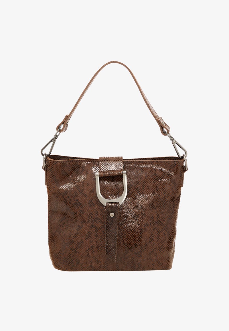 Borsa a mano in finta pelle marrone con superficie texturizzata, dotata di una fibbia in metallo argentato e un'unica tracolla. Le dimensioni sono compatte.