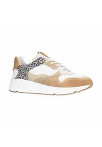 Suède en mesh sneakers in wit, bruin en leopardprint, met een dikke witte zool, veters en een gevoerd enkelgedeelte voor comfort.