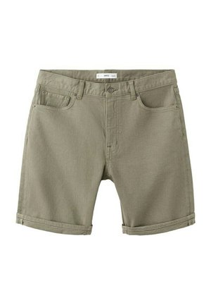Shorts en coton couleur kaki avec revers roulés, fermeture par bouton et zip à l'avant, et deux poches avant.
