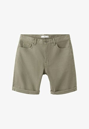 Krótkie spodenki bawełniane w kolorze khaki z podwiniętymi mankietami, zapięciem z przodu na guzik i suwak oraz dwie przednie kieszenie.