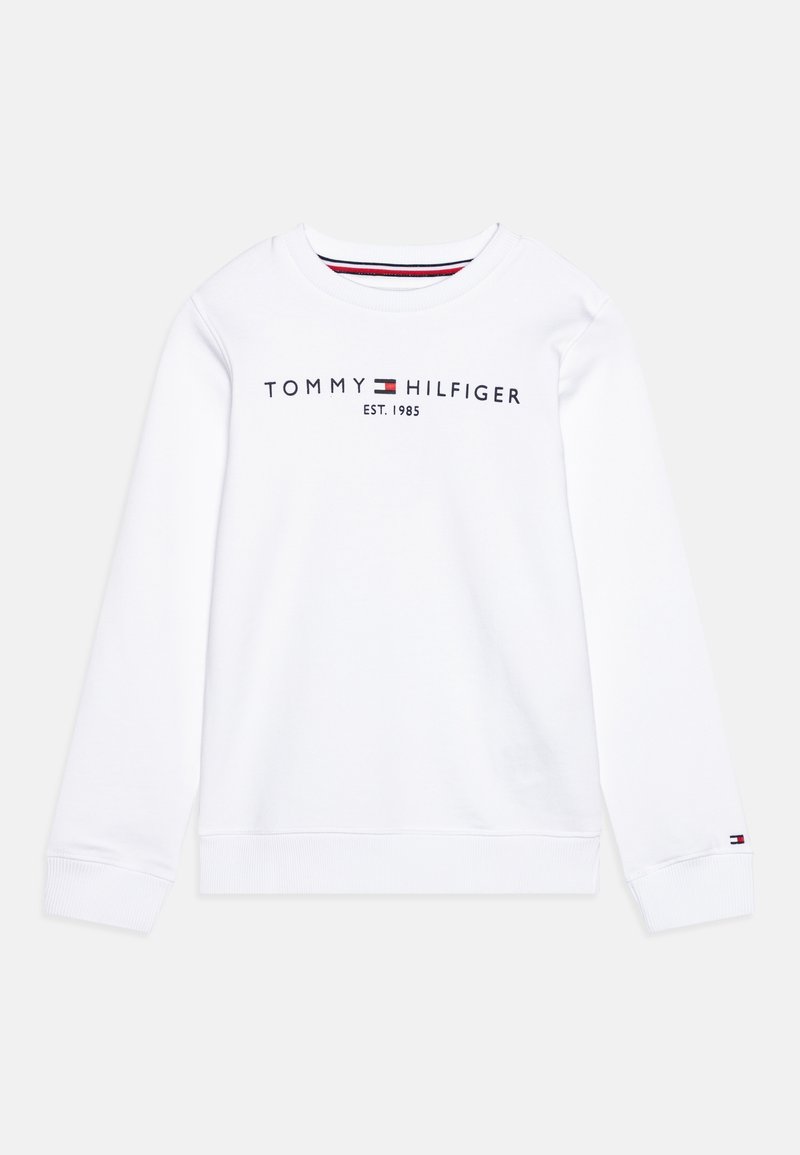 Sweatshirt blanc à manches longues, col rond, avec le texte et le logo "TOMMY HILFIGER" en bleu marine et rouge. Poignets et ourlet côtelés.