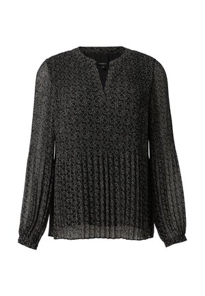 Blouse noire avec un décolleté en V, des manches longues plissées et un motif texturé de tourbillons gris clair sur l'ensemble du tissu.
