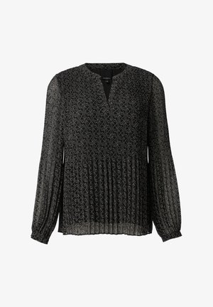 Zwarte blouse met V-hals, lange geplooide mouwen en een textuurpatroon van lichtgrijze krullen door de stof.
