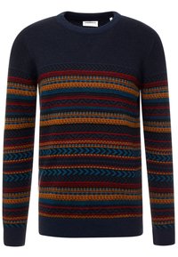 Pull en tricot bleu marine foncé avec des motifs géométriques multicolores. Doté d'un col rond et de manches longues avec des poignets côtelés.