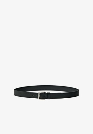Black leather belt with a smooth texture, featuring a silver buckle and five adjustment holes for sizing. Simple, rounded design.