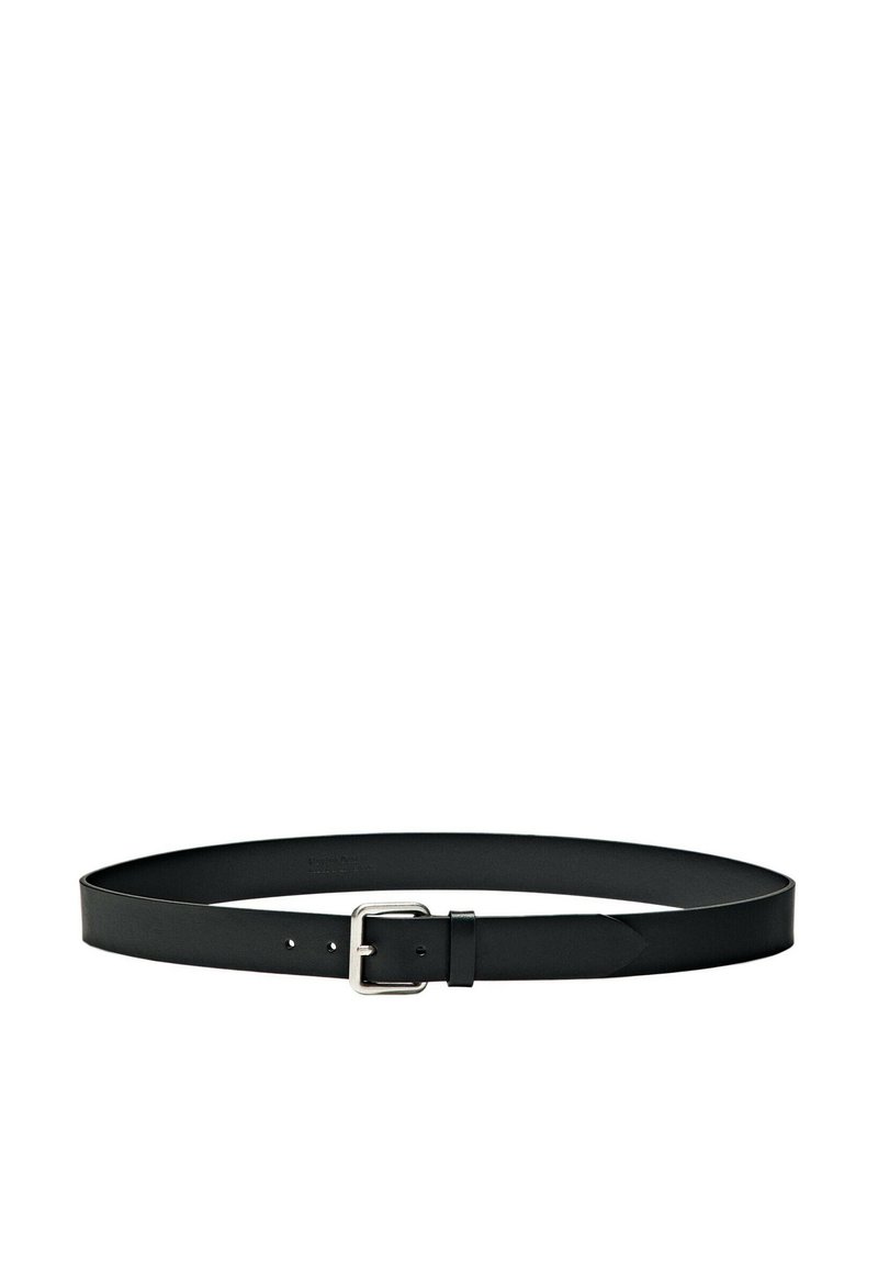 Cintura in pelle nera con una finitura liscia, caratterizzata da una fibbia in argento e cinque fori di regolazione per la misura. Design semplice e arrotondato.