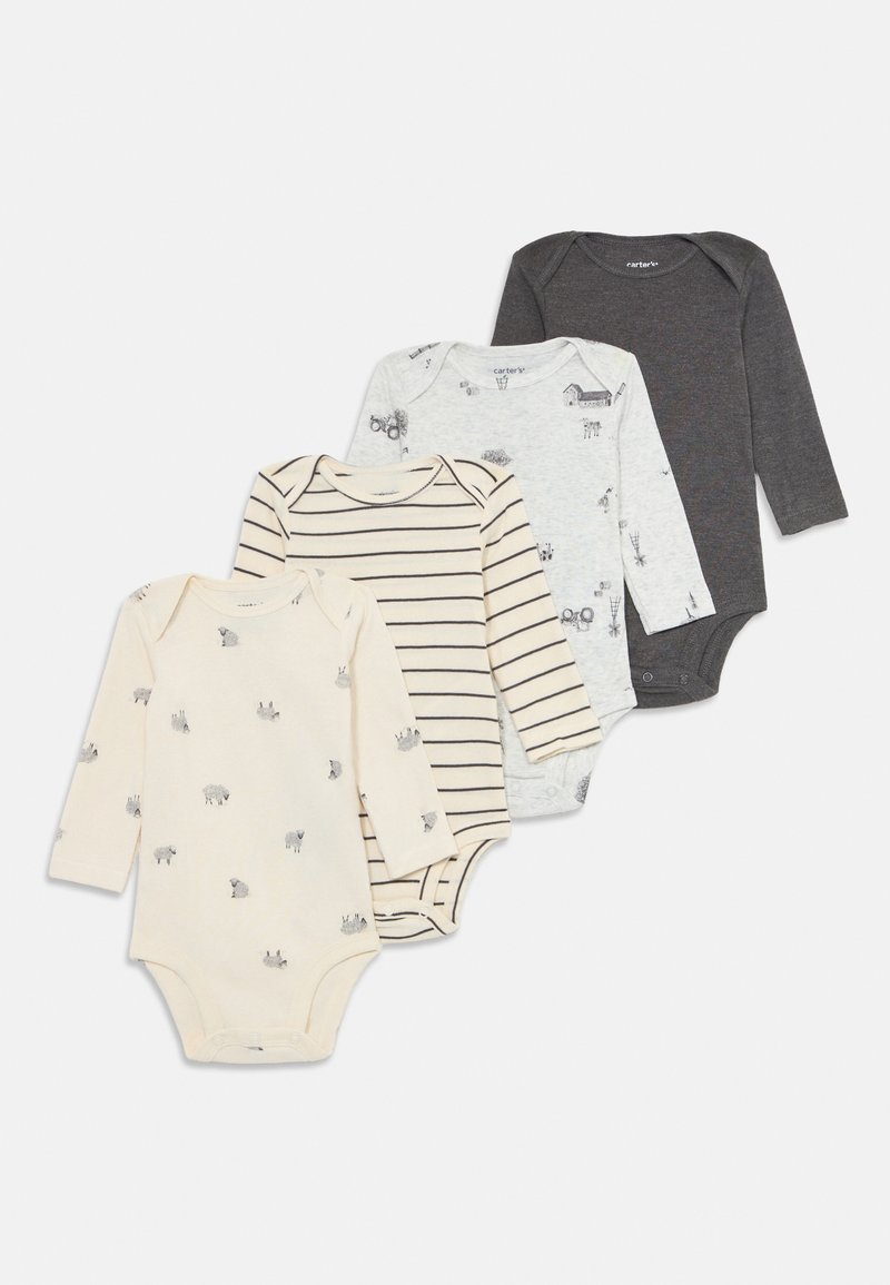 Fire lange ermene baby bodysuits i beige med sauer, beige med svarte striper, lys grå med gårdtrykk, og ensfarget mørk grå, arrangert overlappende.