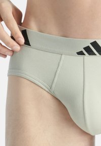 Herren-Bikini-Briefs aus hellgrünem Stoff. Mit einem schwarzen elastischen Bund, der mit drei weißen Streifen verziert ist. Enganliegendes Design.