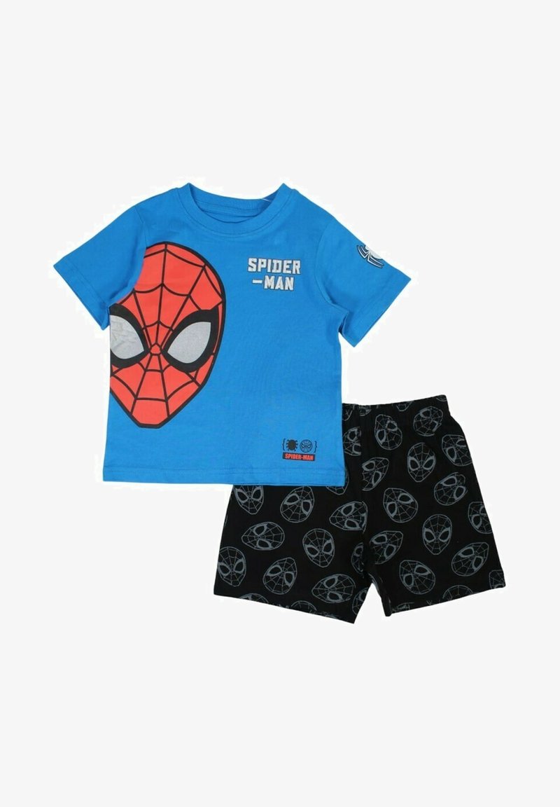 T-shirt en coton bleu avec un graphique rouge de Spider-Man et le texte "SPIDER-MAN" ; associé à un short noir arborant un motif de toile d'araignée.