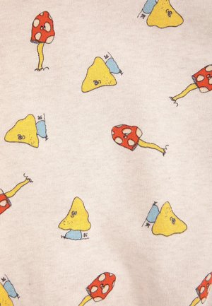Motif de petits champignons jaunes et rouges avec des points blancs sur un fond en tissu beige clair.