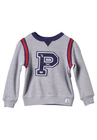 Šedá mikina s námořnickými límcem a manžetami, červenými pruhy na ramenou a vyšitým velkým písmenem "P" s překříženými symboly níže. Materiál je směs bavlny.