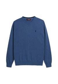 Maglione blu lavorato a maglia con maniche lunghe, scollatura rotonda e orlo a coste. Presenta un piccolo logo scuro nell'area del petto sinistro.