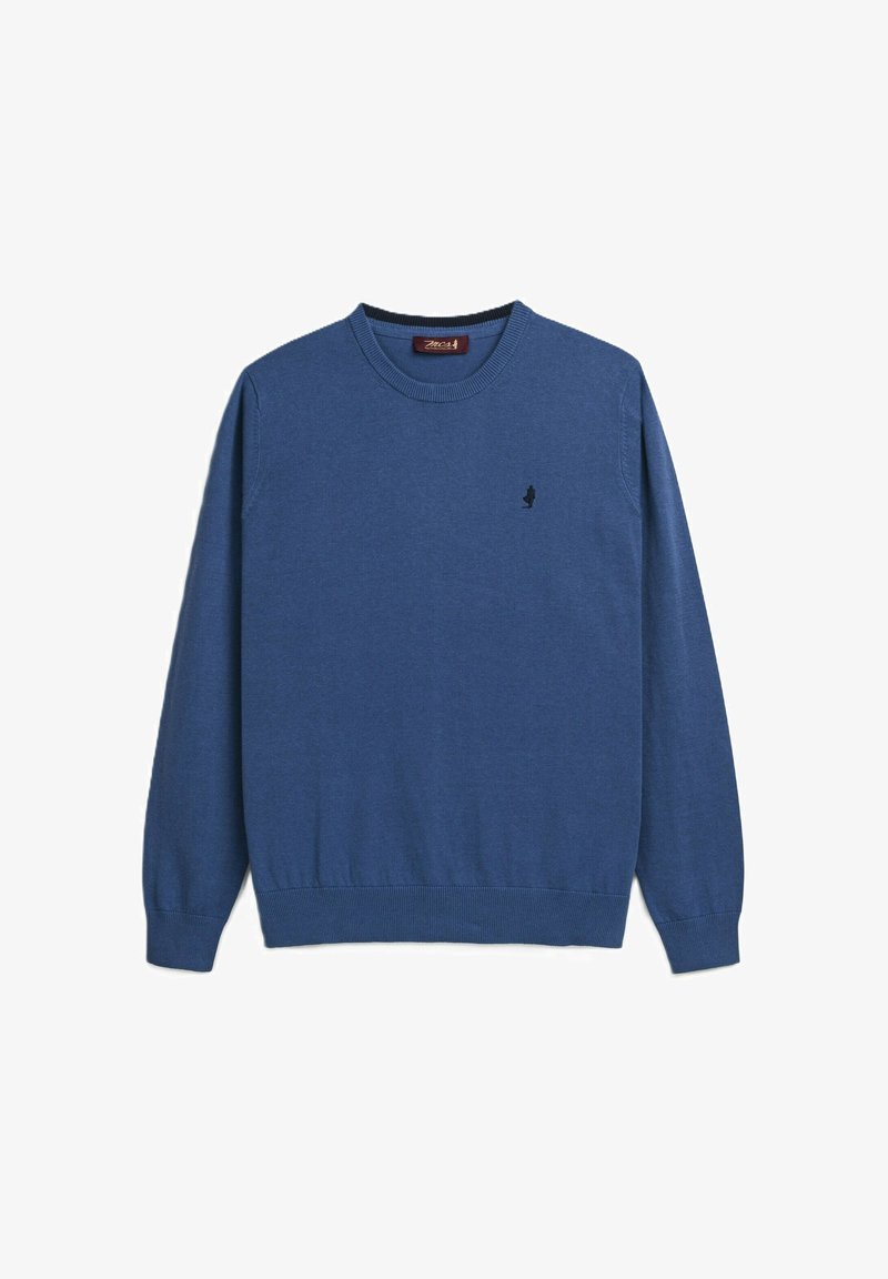 Maglione blu lavorato a maglia con maniche lunghe, scollatura rotonda e orlo a coste. Presenta un piccolo logo scuro nell'area del petto sinistro.