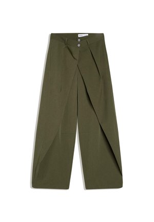 Olívazöld, bőszárú nadrág, elöl pliszírozott, két gombbal az deréknál és sima anyagtextúrával.