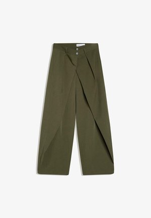 Olívazöld, bőszárú nadrág, elöl pliszírozott, két gombbal az deréknál és sima anyagtextúrával.