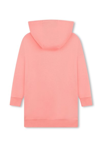 Felpa con cappuccio rosa, realizzata in tessuto morbido, con maniche lunghe, una vestibilità relax e una texture liscia. La vista posteriore mette in risalto la semplicità.