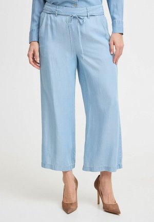 Pantalons larges bleu clair en tissu doux avec taille élastique et poches latérales, assortis à des chaussures à talons hauts marron.