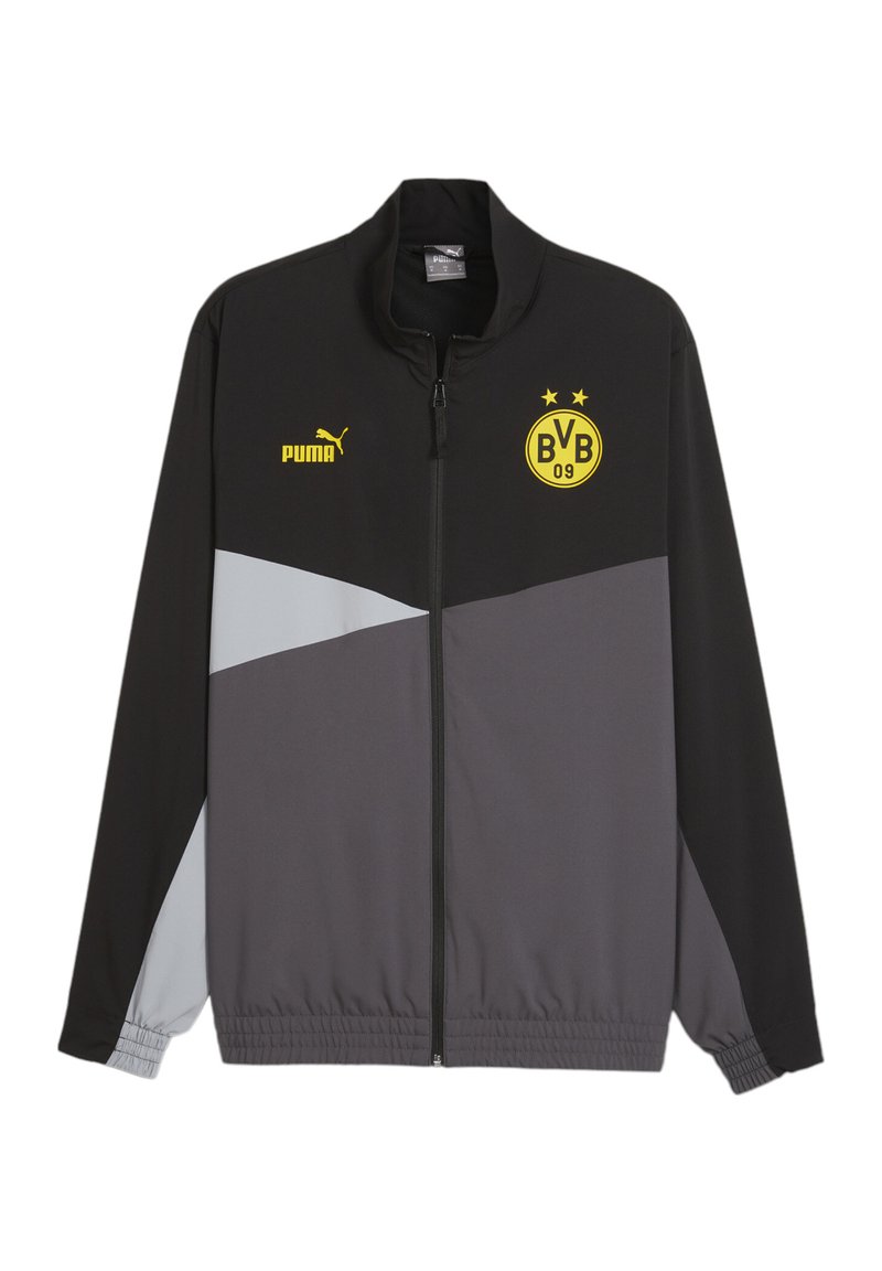 Giacca Puma con zip nera e grigia, con logo e due stelle sul petto, maniche elastiche e design moderno e angolare.