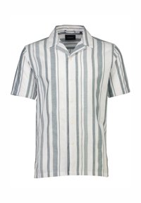 Camicia a maniche corte con bottoni di colore bianco, a strisce verticali grigie, realizzata in tessuto leggero. Presenta un colletto a punta e una vestibilità classica.