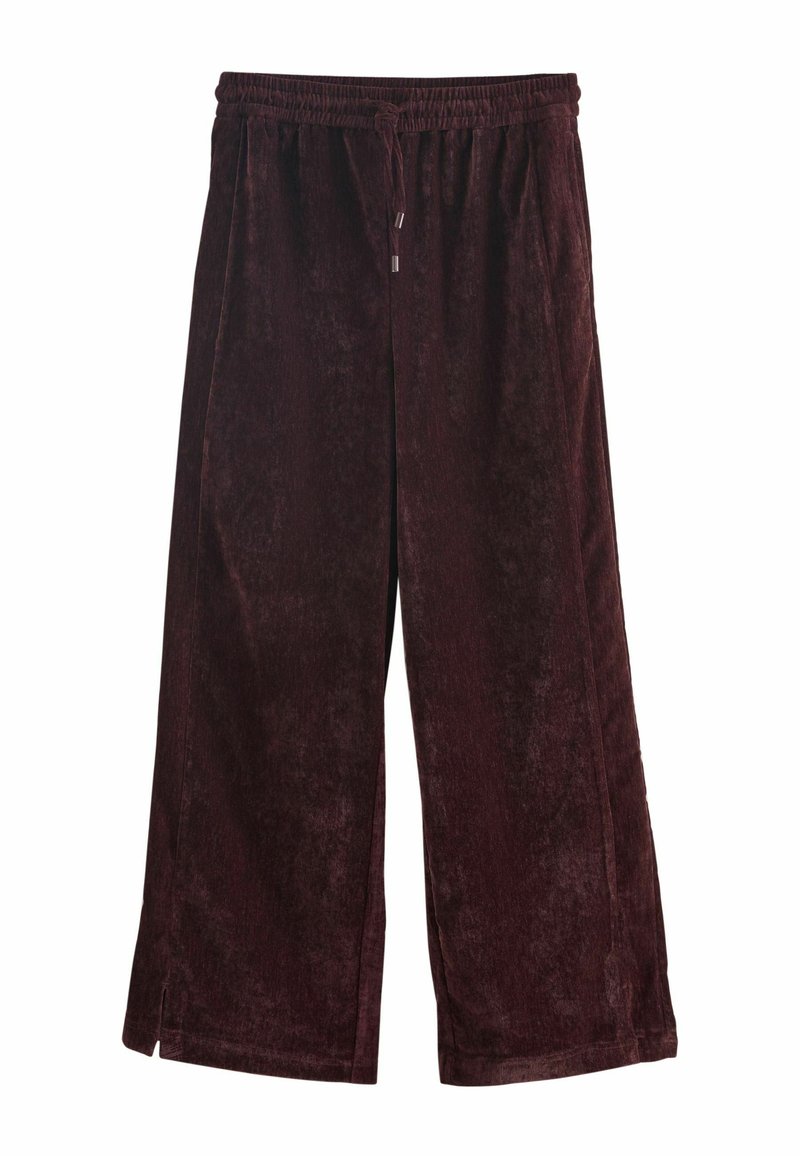 Burgunderfarbene weit geschnittene Hose mit elastischem Bund, Kordelzugverschluss und weichem, strukturiertem Stoff. Mit Schlitzen an den Seiten am Saum.