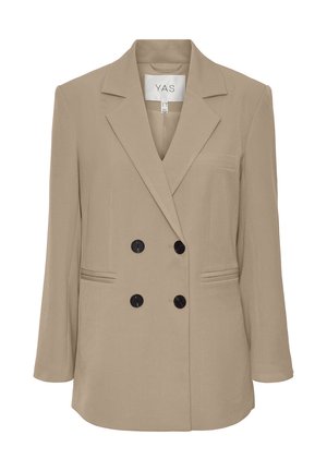 Tan double-breasted blazer met een met een notch-kraag, lange mouwen en twee zwarte knopen. Heeft een borstzak en twee voorzakken.