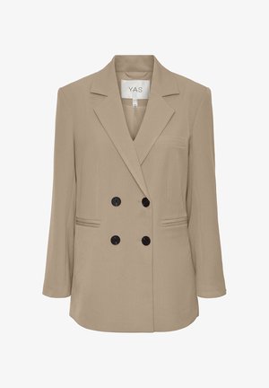 Tan double-breasted blazer met een met een notch-kraag, lange mouwen en twee zwarte knopen. Heeft een borstzak en twee voorzakken.