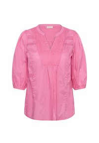 Blouse rose avec un col en V, un devant plissé et des manches trois-quarts bouffantes. Confectionnée en tissu de coton léger à la texture lisse.