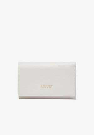 Portafoglio in ecopelle bianca con superficie testurizzata, caratterizzato da un logo dorato "LIU JO" sul davanti e da un design con patta pieghevole.