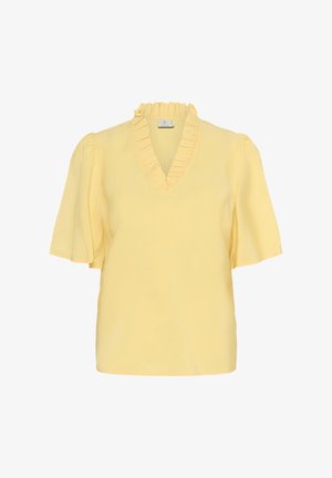 Gul bluse med V-hals og flæser. Korte, puffede ærmer og en blød tekstur, med en løs pasform for komfort.