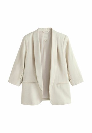 Női krémszínű blézer háromnegyedes ujjakkal, sálgallérral és két első zsebbel, lenvászon anyagból.