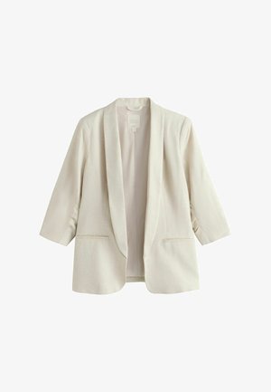 Női krémszínű blézer háromnegyedes ujjakkal, sálgallérral és két első zsebbel, lenvászon anyagból.