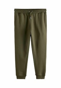 Olive zelené jogger nohavice vyrobené z mäkkej jersey látky; majú elastický pás so sťahovacou šnúrkou, rebrované manžety a bočné vrecká.