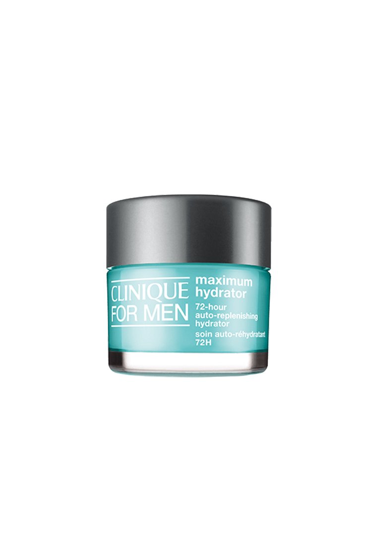 Clinique pour Hommes Maximum Hydrator, un pot en verre givré avec un corps teal, un couvercle gris et un texte blanc, conçu pour une hydratation de 72 heures.