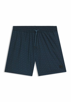 Shorts de bain pour hommes bleu marine avec un motif géométrique subtil, taille élastique, cordon de serrage et un petit patch logo noir sur la jambe.