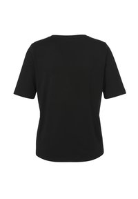 Schwarzes T-Shirt mit kurzen Ärmeln, rundem Ausschnitt, glatter Textur, geradem Schnitt und ohne sichtbare Muster oder Akzente. Rückansicht angezeigt.