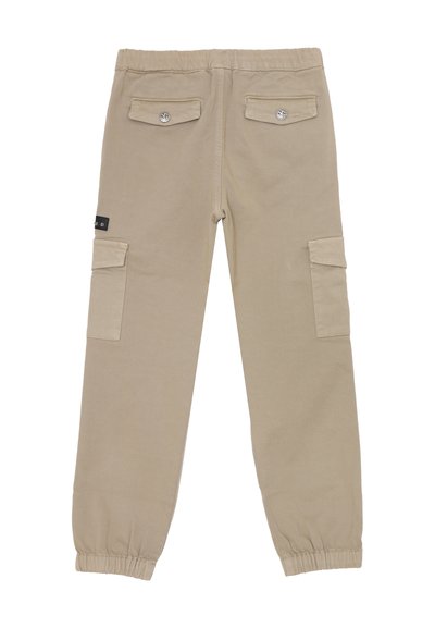 Pantaloni cargo beige con polsini elastici, tasche posteriori con bottone, tasche laterali a pattina e vita elastica, mostrati dal retro.