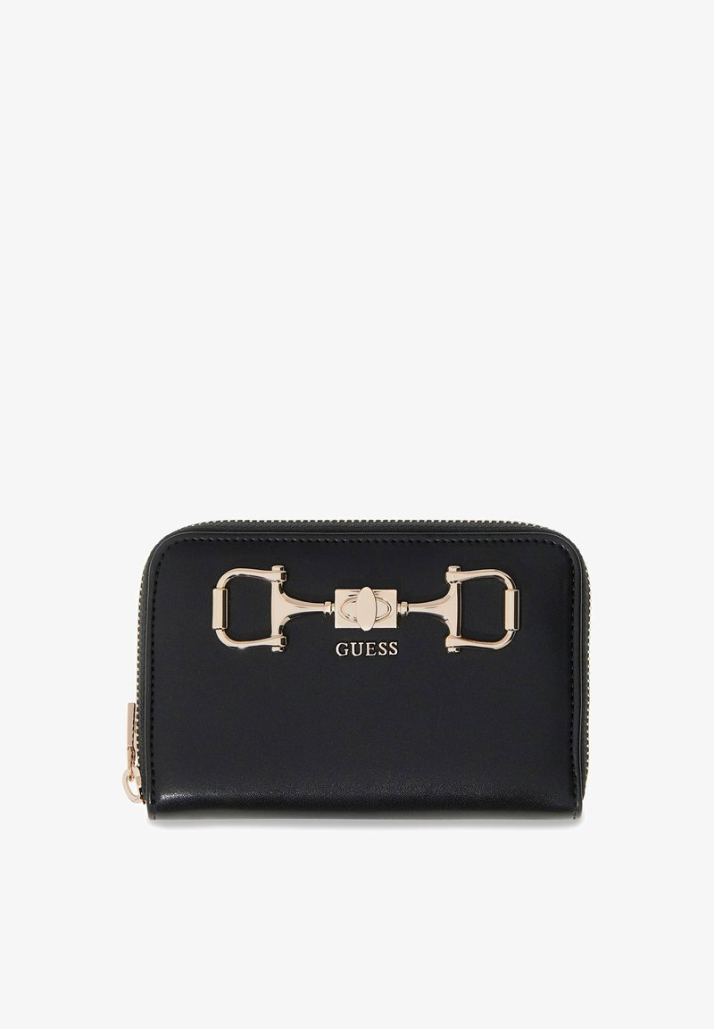 Portefeuille Guess noir avec détail mors doré et fermeture éclair intégrale sur fond blanc.