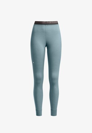Blue, fitted leggings made of soft fabric. Features a contrasting dark waistband with embossed brand name. Smooth texture, no visible patterns.
