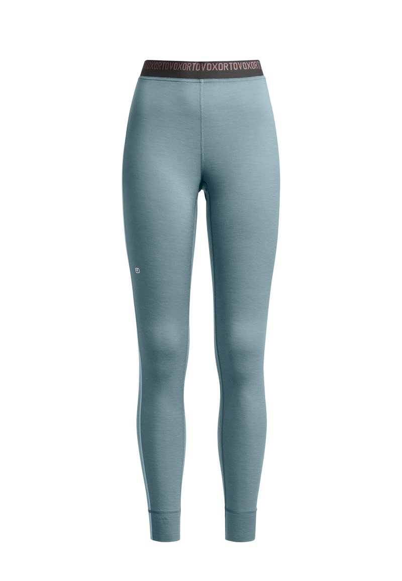 Blue, fitted leggings made of soft fabric. Features a contrasting dark waistband with embossed brand name. Smooth texture, no visible patterns.