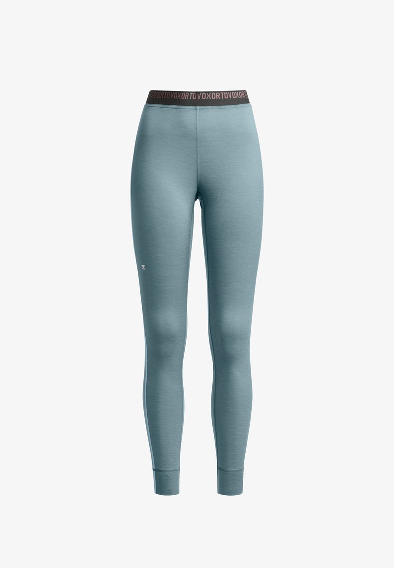 Blue, fitted leggings made of soft fabric. Features a contrasting dark waistband with embossed brand name. Smooth texture, no visible patterns.