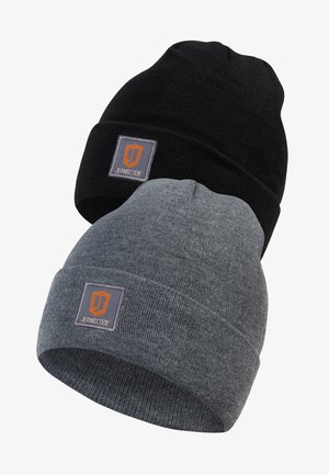 Two knit beanies: one black and one dark gray, each featuring a rectangular patch with the text "JEANSCODE" in orange.