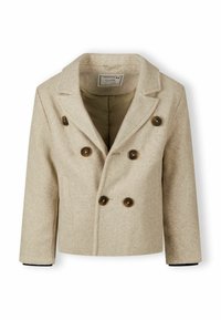 Smėlio spalvos vilnos mišinio trumpa striukė su dvigubu užsegimu, dideliais rudais mygtukais, su išpjovomis ant apykaklės ir juodais audinio akcentais rankovuose.