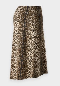 Hame midi with a leopard print, featuring a soft and smooth texture; the colors include beige, black, and brown; it is ankle-length with a fitted waist.