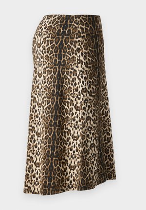 Leopard print skirt with a soft, smooth texture; colors include beige, black, and brown; ankle-length with a fitted waist.