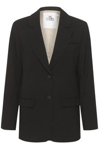 Černý blazer s klopou, jednobarevným zapínáním, dvěma předními kapsami a dvěma knoflíky. Uvnitř je vystlaný krémovou podšívkou.